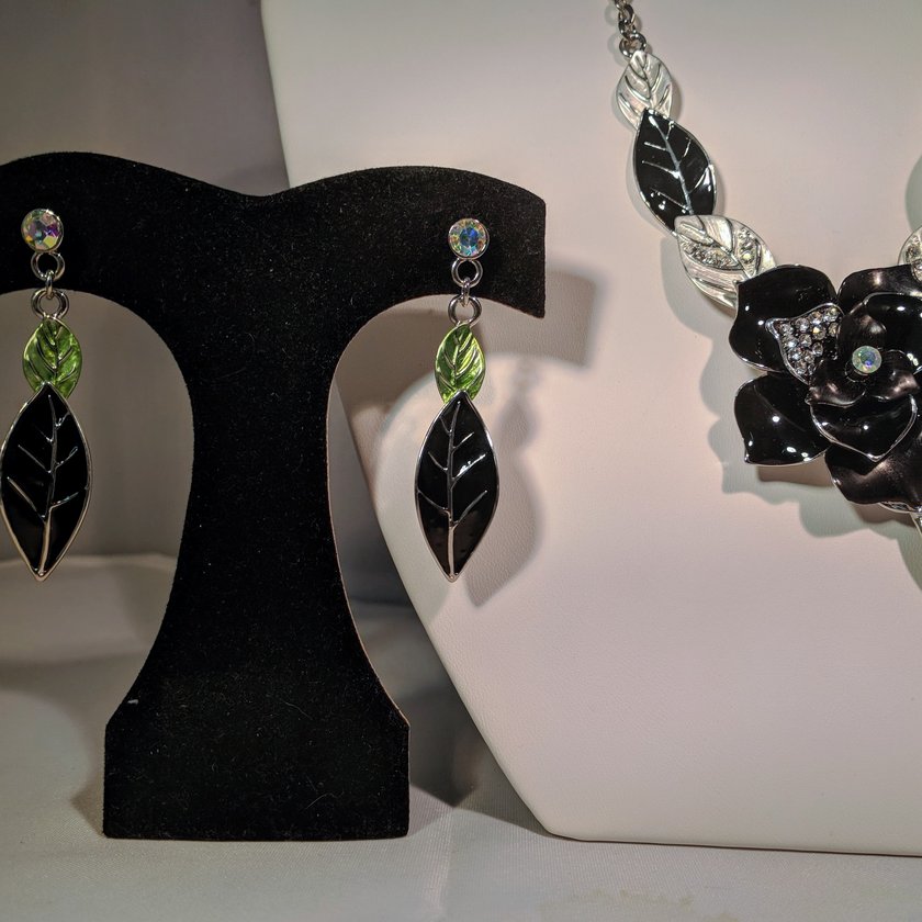 Black Leaf Earring with Rhinestone Accents